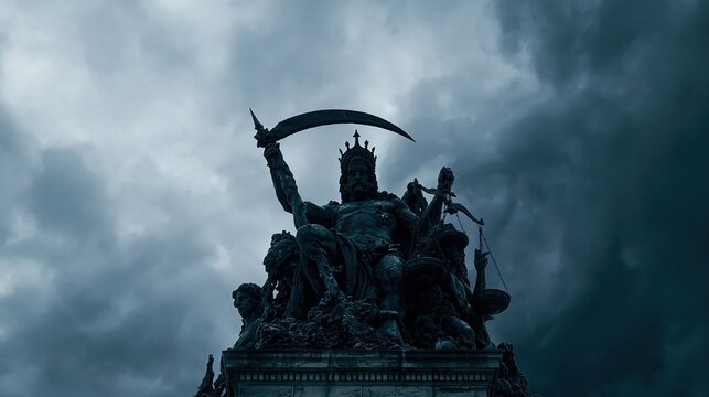 Statue of Saturn holding the scythe under dark stormy clouds