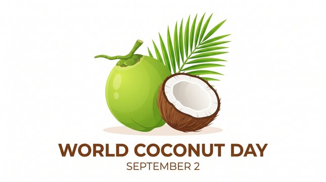 World coconut day illustration with green coconut and palm leaf