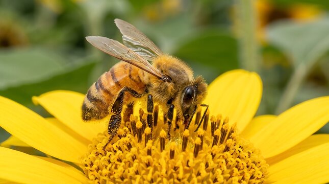 Honey bee collecting nectar on yellow sunflower, macro photography of honeybee on flower, pollination in summer garden