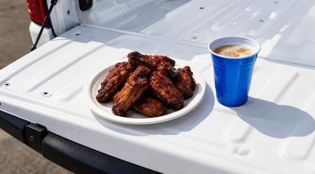 Plate of BBQ Chicken Wings and a Blue Cup on a Pickup Truck Tailgate.