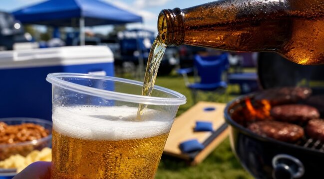 Pouring beer into a plastic cup at a backyard summer barbecue party.