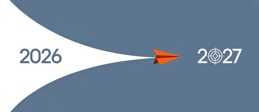 Paper airplane flying from year 2026 to 2027 with target icon symbolizing goal achievement.