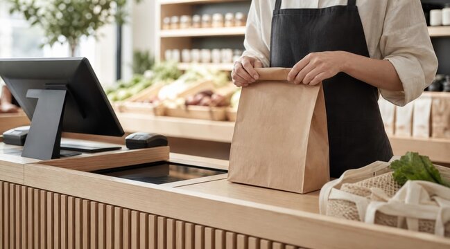 Shop assistant packing organic groceries into paper bag at supermarket checkout counter.