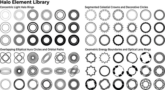 Halo element library featuring concentric rings, celestial crowns, orbital paths, and geometric energy boundaries