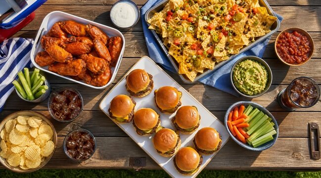 Top view of party food spread with buffalo wings sliders and nachos.