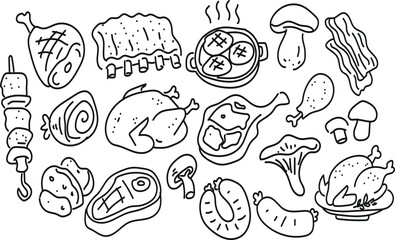 Obraz premium Hand drawn food doodle collection with assorted meats mushrooms and dishes