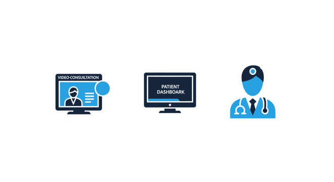Set of telemedicine consultation and patient dashboard medical icons with telemedicine consultation dashboard healthcare hospital computer stethoscope professional treatment diagnosis