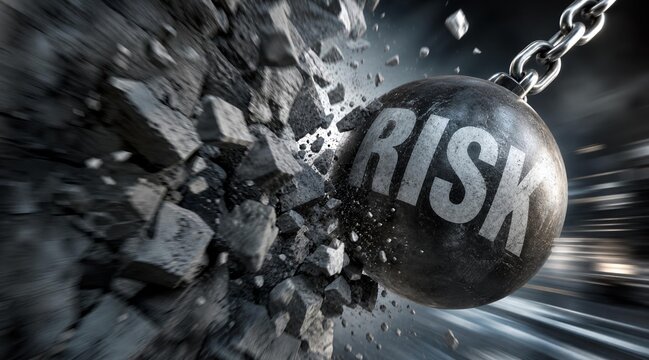 Wrecking ball crashing through a wall representing business risk concept.