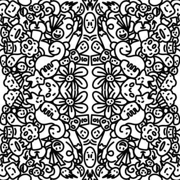 Abstract Symmetric Doodle Seamless Pattern Cute Monsters Characters Hand Drawn Black White Line Vector Illustration
