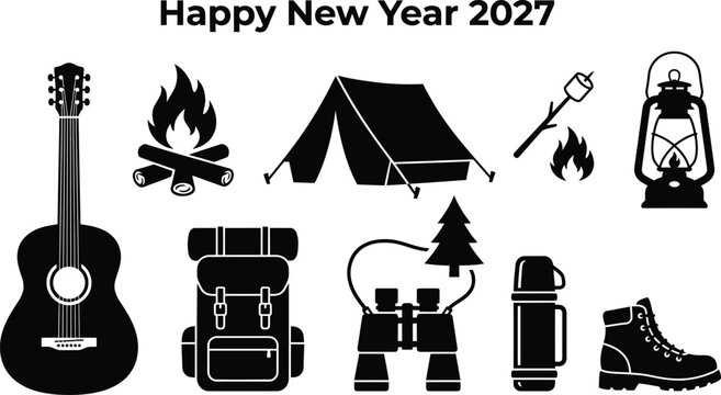A collection of black camping and hiking equipment icons featuring a guitar tent bonfire lantern backpack binoculars and hiking boots for new year 2027