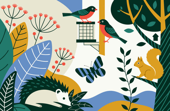 World animal day illustration with birds, squirrel, hedgehog, butterfly, trees and flowers, colorful wildlife and nature conservation concept
