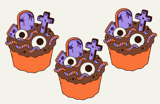 Dirt cake cupcakes with purple tombstones, crosses, eyeballs and gummy worms, spooky halloween chocolate dessert in orange wrappers on light background