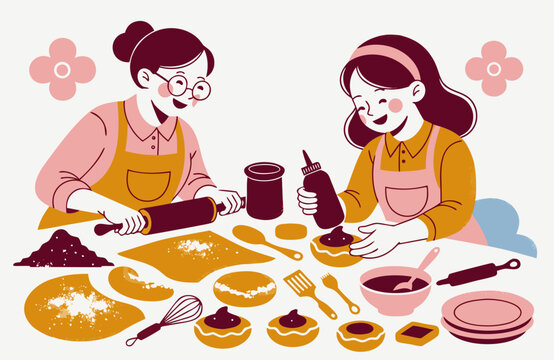 Women baking homemade pastries together with dough, jam, rolling pin and kitchen utensils, cheerful hand drawn cooking illustration