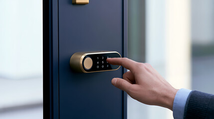 Naklejka premium Close-up of a person hand input pin code on modern digital electronic keypad lock to open office door secure access control system concept