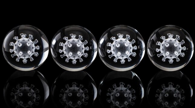 Four transparent spheres with etched virus icons rest on a reflective black surface. Each ball shows a detailed coronavirus model, symbolizing pandemic research and global health.