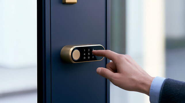 Close-up of a person hand input pin code on modern digital electronic keypad lock to open office door secure access control system concept