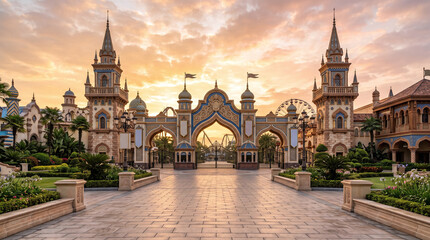 Fototapeta premium Colorful amusement park entrance in warm sunrise light