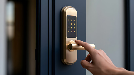 Naklejka premium A person hand touch modern smart electronic door lock with digital keypad handle system for home security architecture design concept shoot