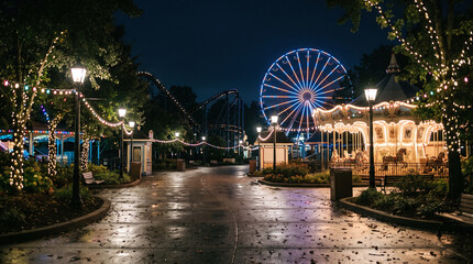 Empty amusement park pathway glowing at night