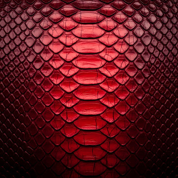 Detailed close up view of a vibrant red snakeskin leather texture pattern.