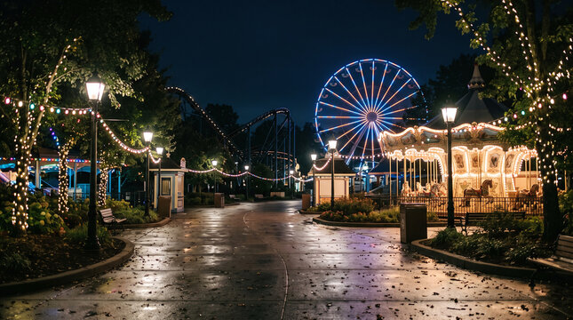 Empty amusement park pathway glowing at night