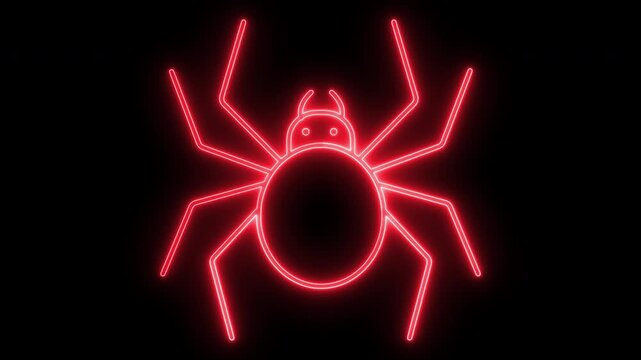 A glowing red neon spider shape  animation for halloween decoration and party design light effect.