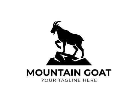 Mountain goat logo silhouette, wild ibex standing on rock peak, black ram animal vector icon for outdoor branding