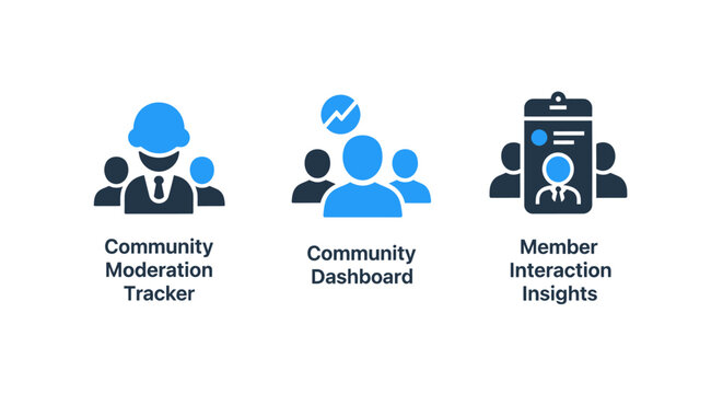 Community moderation tracker and member interaction insights icon set with community moderation interaction insights dashboard connection communication management illustration interface