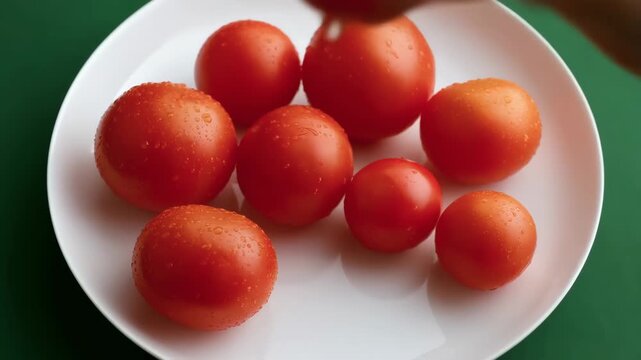 Hand selecting fresh cherry tomatoes close up