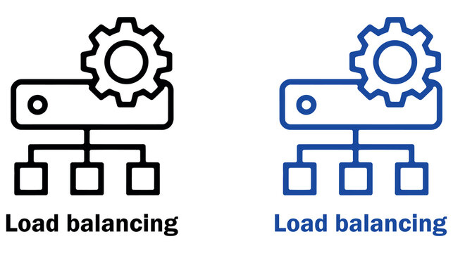 Load balancing icon showing server distribution and gear for optimization and efficiency.
