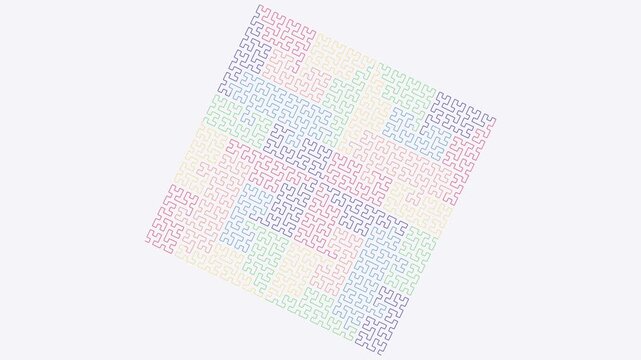Procedural art. Geometric fractal pattern with a colorful hilbert curve design. Ideal for digital backgrounds, packaging, textiles, and mathrelated projects.