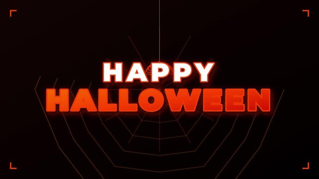 Happy Halloween spooky glowing neon text banner on dark background with spider web pattern