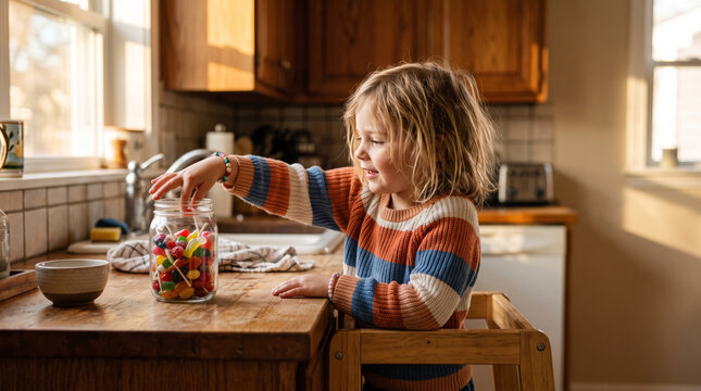 Young child reaching into a jar of colorful gummy candies in a kitchen setting