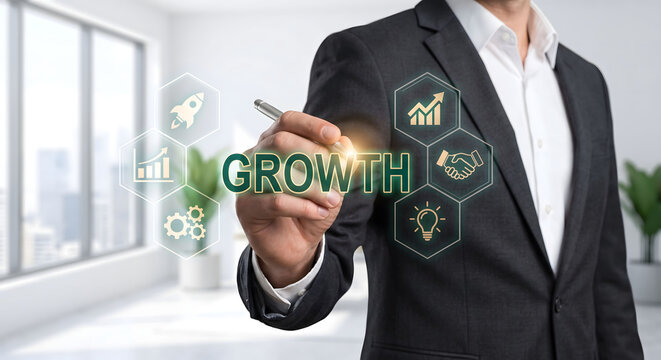 Businessman using stylus on virtual growth hologram with startup rocket and financial charts, Corporate business growth strategy concept with glowing digital icons and handshake interface.