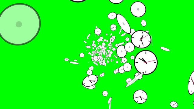 Analog clocks vortex tunnel animation with spinning hands on chroma key green screen background for time travel concept.