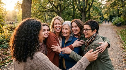 Fototapeta premium Diverse group of women of different ages embracing and laughing in a park during autumn