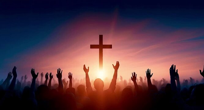 Silhouetted crowd of people with hands raised in worship and praise, gathering before a christian cross during a beautiful and dramatic sunset, symbolizing faith, hope, and religious devotion