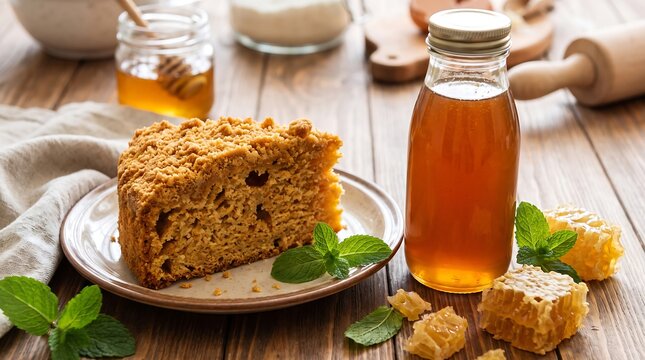 Rustic honey cake slice on plate, glass bottle of organic syrup, homemade sweet dessert with honeycomb and mint on wooden table