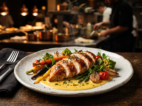 Gourmet sliced grilled chicken breast plate with colorful vegetables, asparagus and creamy sauce, served on rustic wooden table with blurred open kitchen background