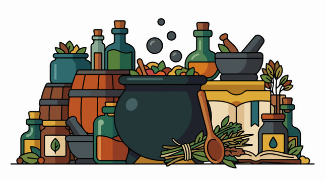 Witchcraft potion ingredients and cauldron illustration