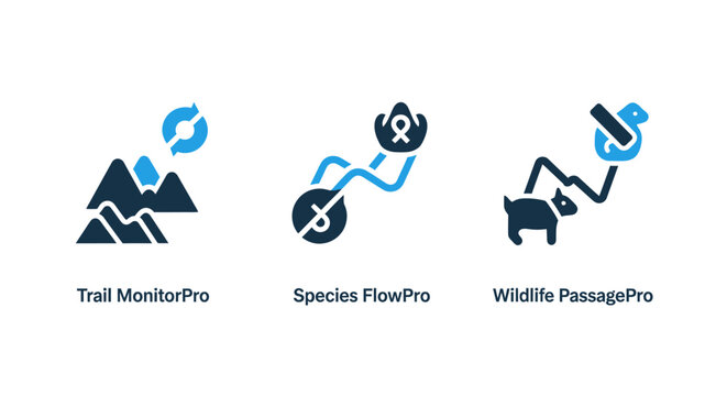 Trail monitor species flow and wildlife passage tracking icons with wildlife tracking environment mountain conservation background illustration collection research management protection