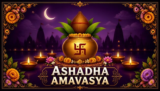 Ashadha amavasya greeting card with kalash and diya lamps