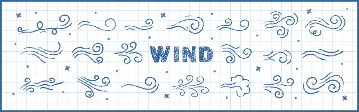 Doodle wind motion. Air flow symbols drawn with blue pen on notebook sheet. Crayon vector illustration on checkered background.
