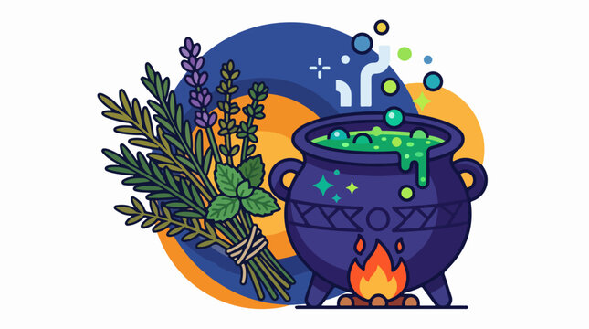 Witch cauldron with potion and herbs on fire