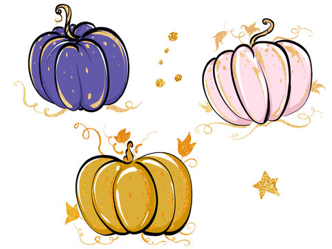 Whimsical glittery pumpkins in purple, pink, and gold with sparkle accents and gold vine swirls, perfect for princess party decor and fairytale nursery art. Commercial use illustration.