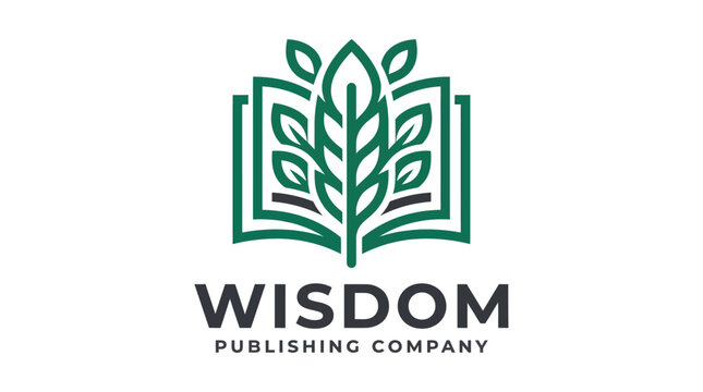Modern green book logo design with leaf emblem for publishing company.
