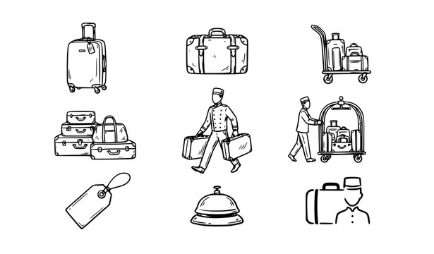 Hotel Porter and Luggage Black Silhouette Icons Logo Collection