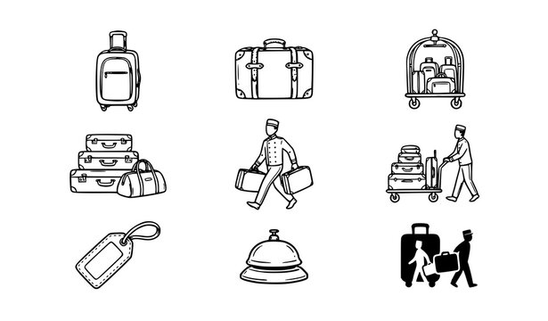 Luggage and Hotel Porter Icons and Logo Minimal Line Vector Set