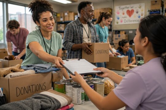 Diverse group of volunteers sorting donations in a community center, with labeled boxes and various items like clothing and canned goods visible on tables and shelves in the background
