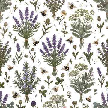 Vintage Botanical Lavender Herb Garden Seamless Pattern